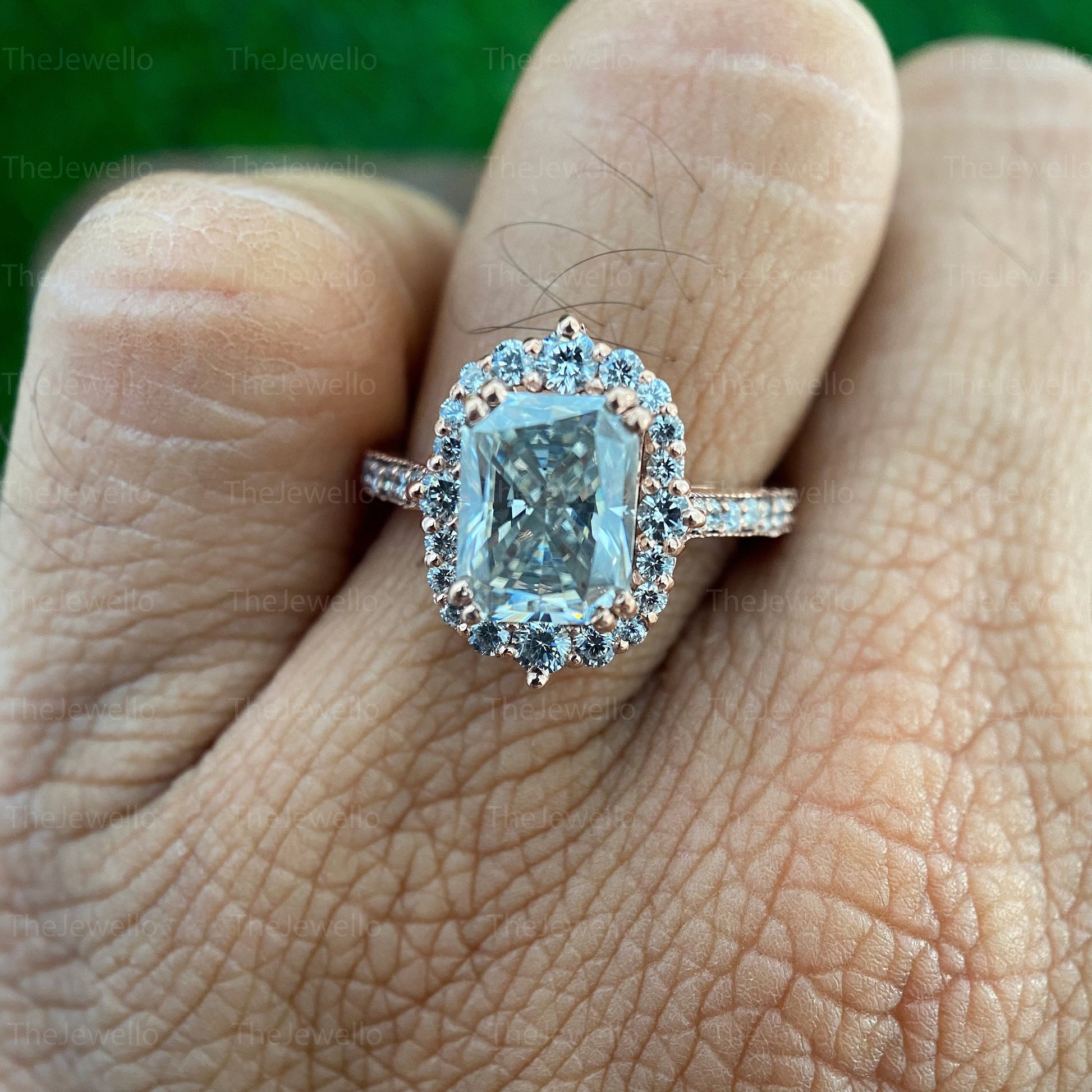 Antique Vintage Style 3.74 TW Radiant Cut Grey Moissanite Ring, Halo Engagement Ring, Double Claw Prongs, Solid Rose/White/Yellow Gold Ring