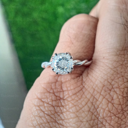 Portuguese Round Cut Engagement Ring, Unique Cut Hidden Halo Moissanite Ring, Round Moissanite 950 Platinum Ring