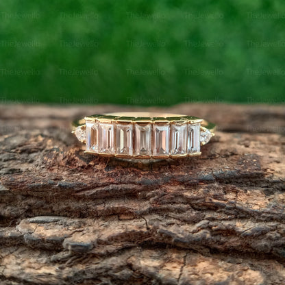 14k Gold Baguette Wedding Band, Vertical Baguette Moissanite Wedding Band, Brilliant Moissanite Wedding Band For Her