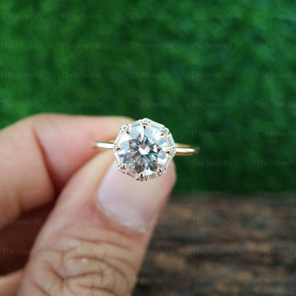 Round Cut Colorless Moissanite Ring, Pave Set Hidden Halo Engagement Ring, Halo Baguette Moissanite Ring, Anniversary Gift Ring