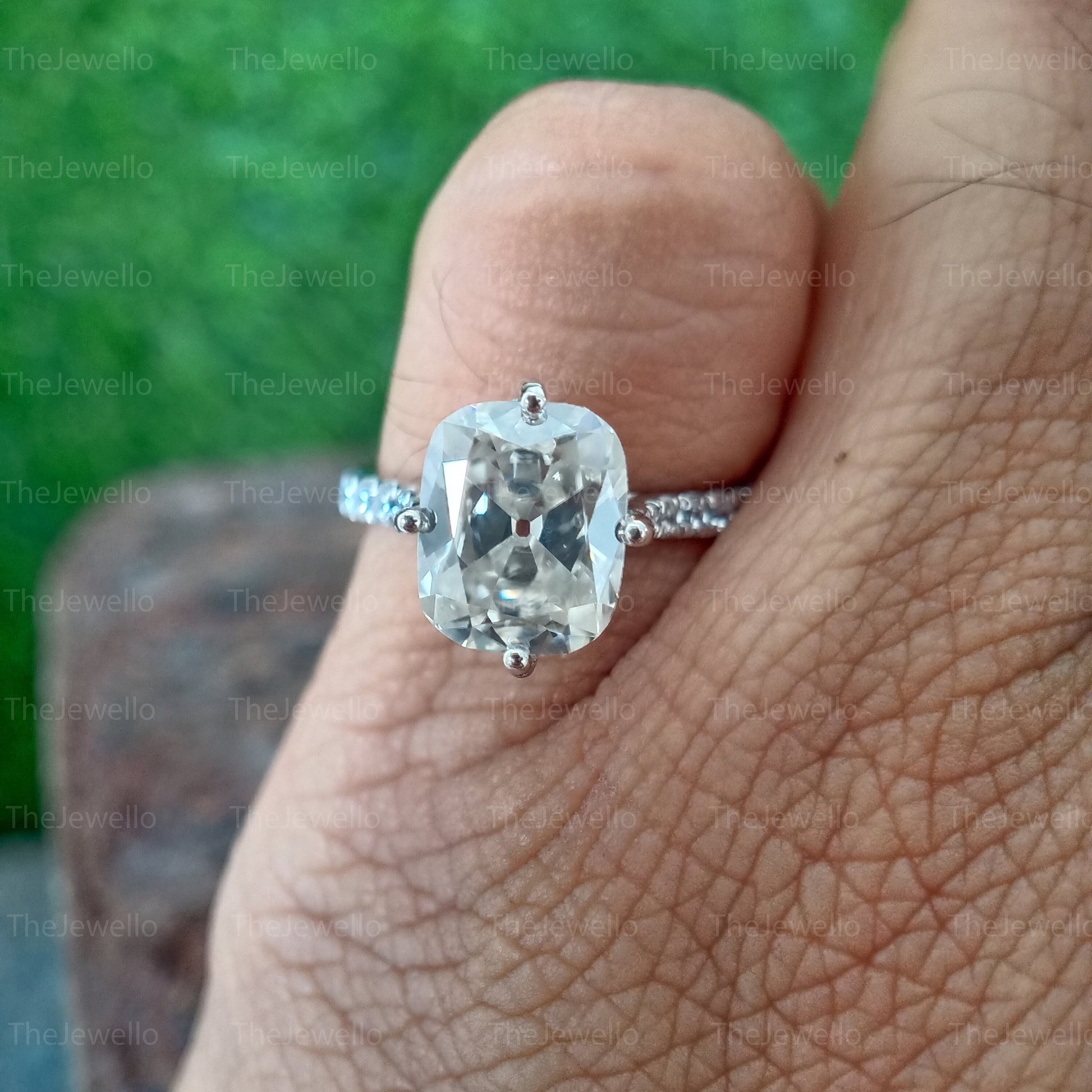 Old European Cushion Cut Moissanite Ring, 3.51 CT Elongated Cushion Moissanite Engagement Ring, Solid Real White Gold Ring