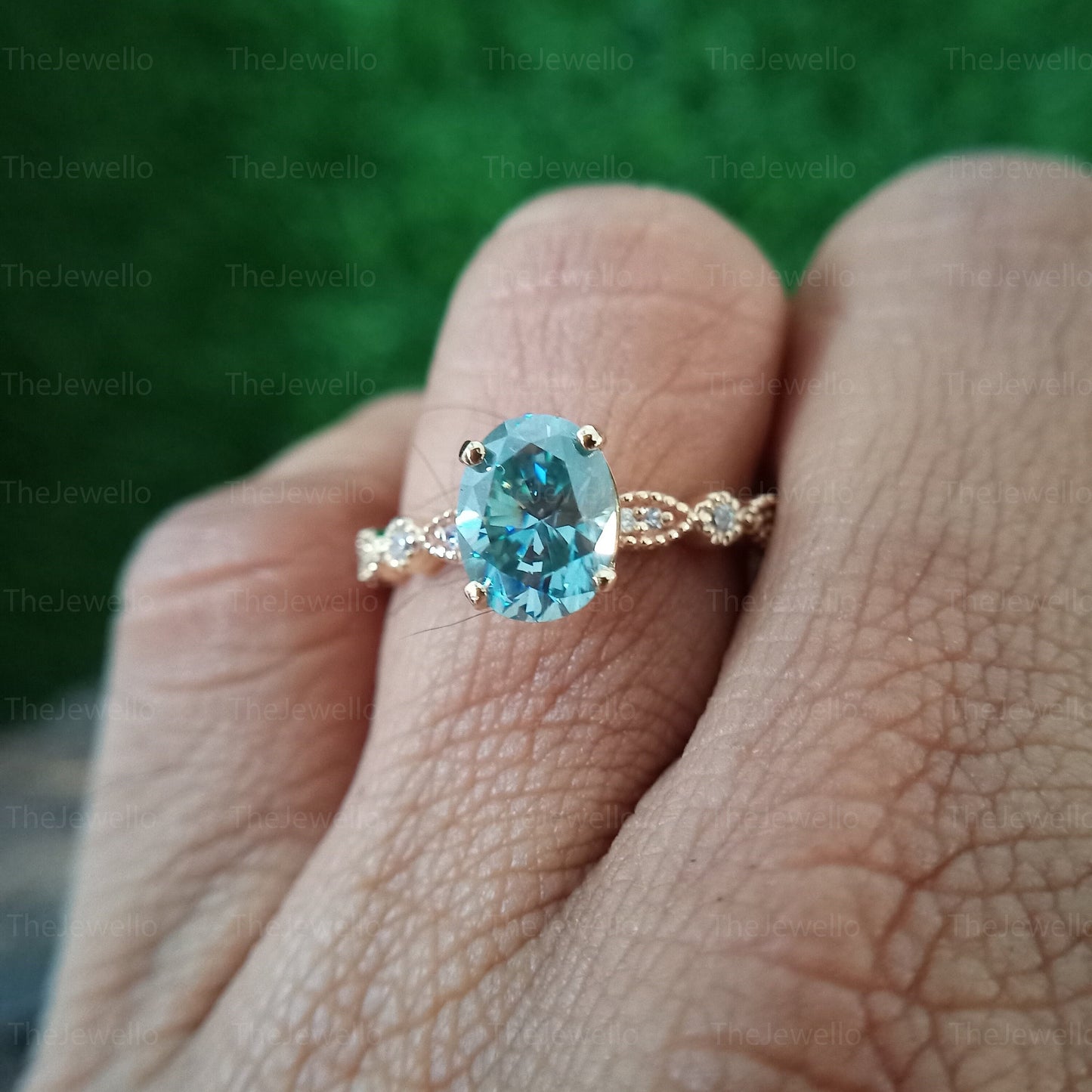 Art Deco Cyan Blue Moissanite Ring, 2.35 Carat Oval Solitaire Ring, Solid 14K Yellow Gold Engagement Ring, Anniversary Gift For Her