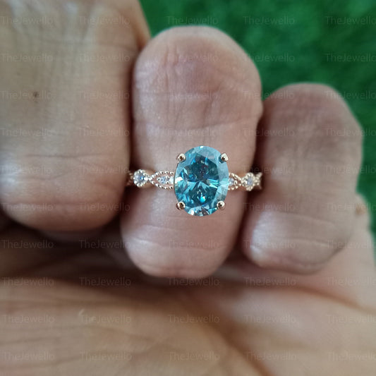 Art Deco Cyan Blue Moissanite Ring, 2.35 Carat Oval Solitaire Ring, Solid 14K Yellow Gold Engagement Ring, Anniversary Gift For Her