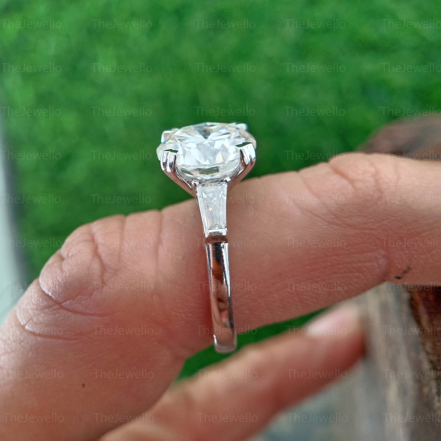 3.50 Carat Round Cut Moissanite Ring, Side Tapper Baguette Cut Ring, Three 3 Stone Moissanite Engagement Ring in 950 Platinum