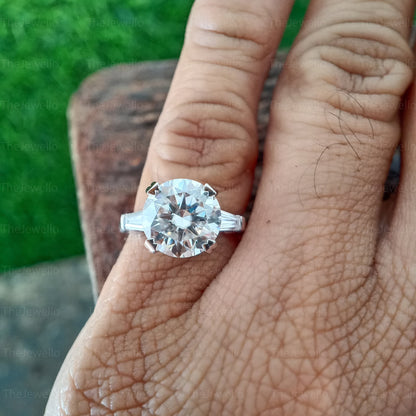 3.50 Carat Round Cut Moissanite Ring, Side Tapper Baguette Cut Ring, Three 3 Stone Moissanite Engagement Ring in 950 Platinum