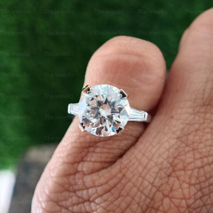 3.50 Carat Round Cut Moissanite Ring, Side Tapper Baguette Cut Ring, Three 3 Stone Moissanite Engagement Ring in 950 Platinum