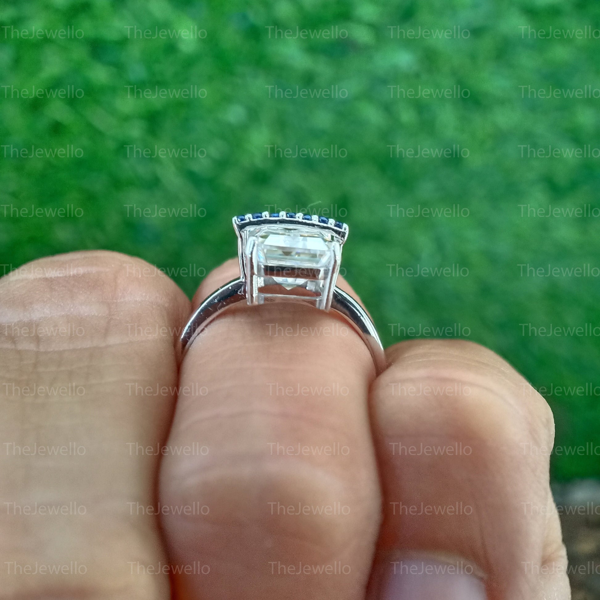 Moissanite and Sapphire Engagement Rings, Unique Style Moissanite Rings, Emerald Cut Moissanite Diamond Ring, Round Cut Blue Sapphire Ring