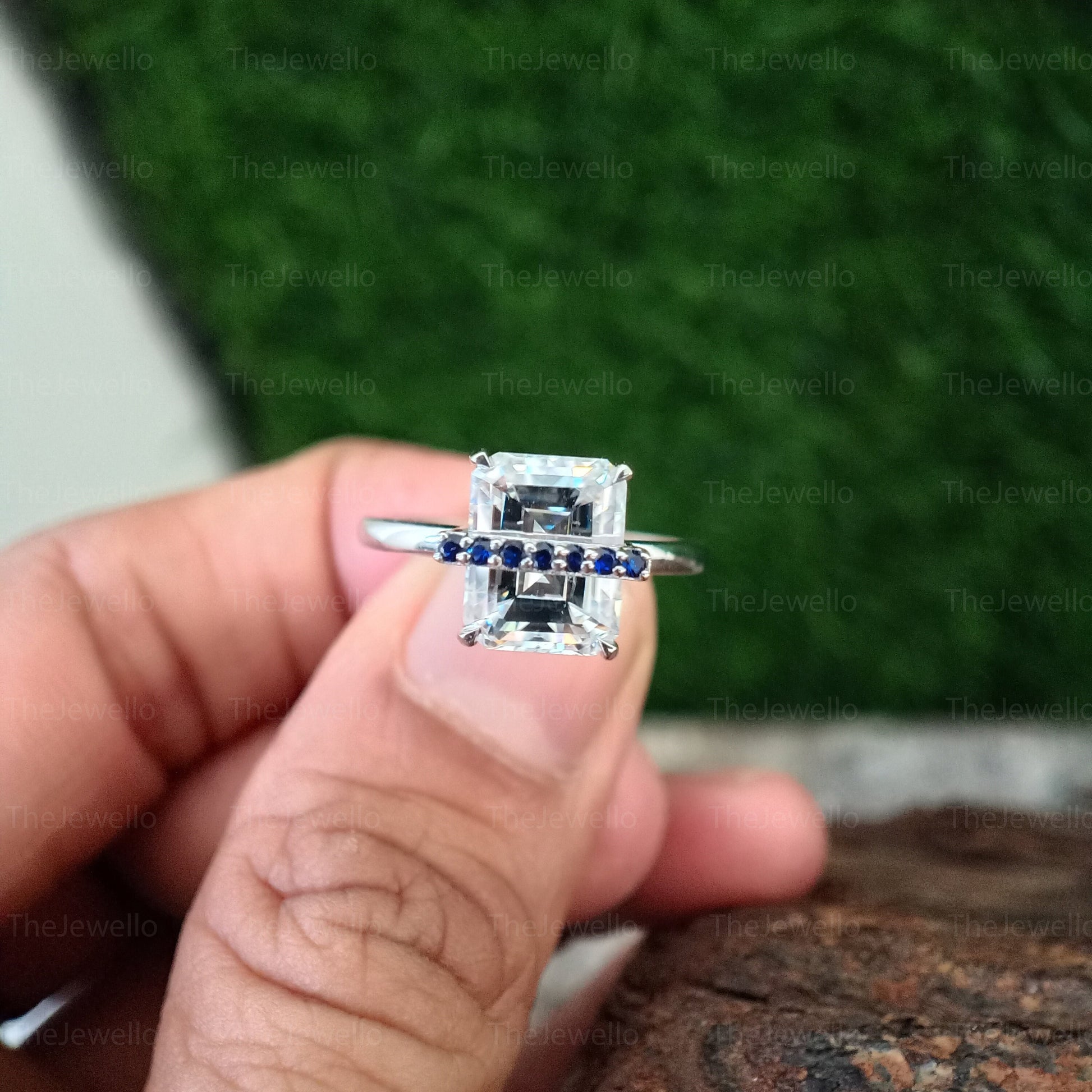 Moissanite and Sapphire Engagement Rings, Unique Style Moissanite Rings, Emerald Cut Moissanite Diamond Ring, Round Cut Blue Sapphire Ring