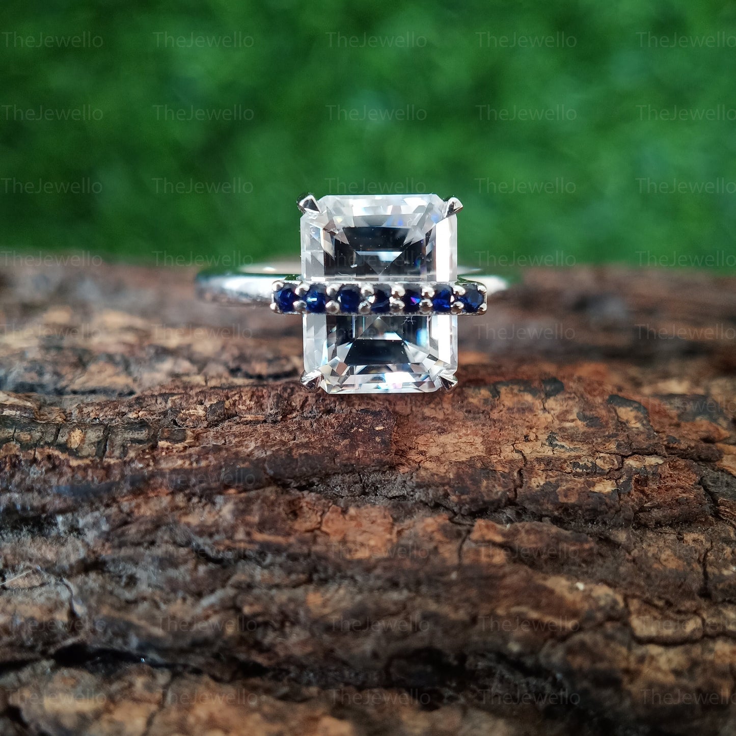 Moissanite and Sapphire Engagement Rings, Unique Style Moissanite Rings, Emerald Cut Moissanite Diamond Ring, Round Cut Blue Sapphire Ring