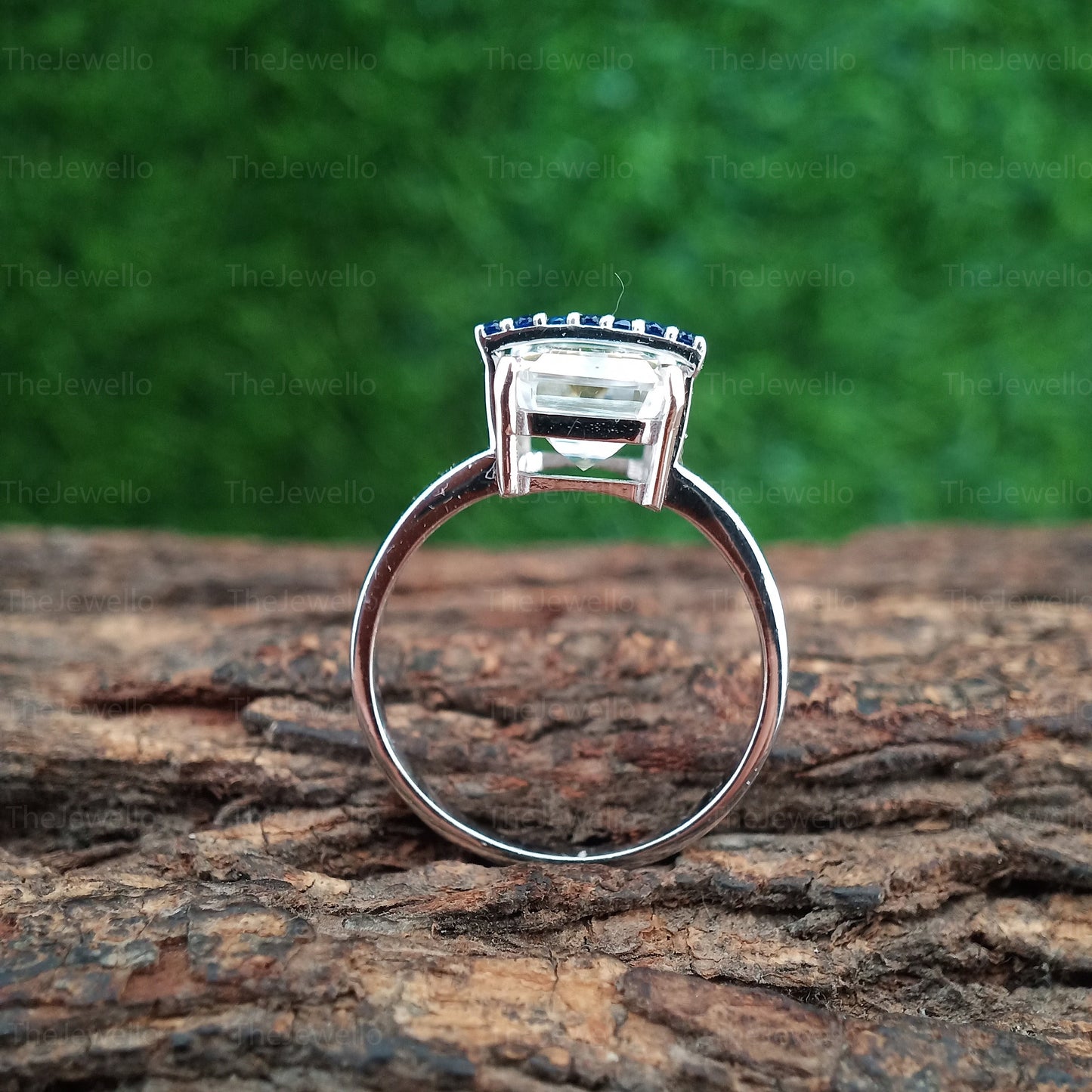 Moissanite and Sapphire Engagement Rings, Unique Style Moissanite Rings, Emerald Cut Moissanite Diamond Ring, Round Cut Blue Sapphire Ring