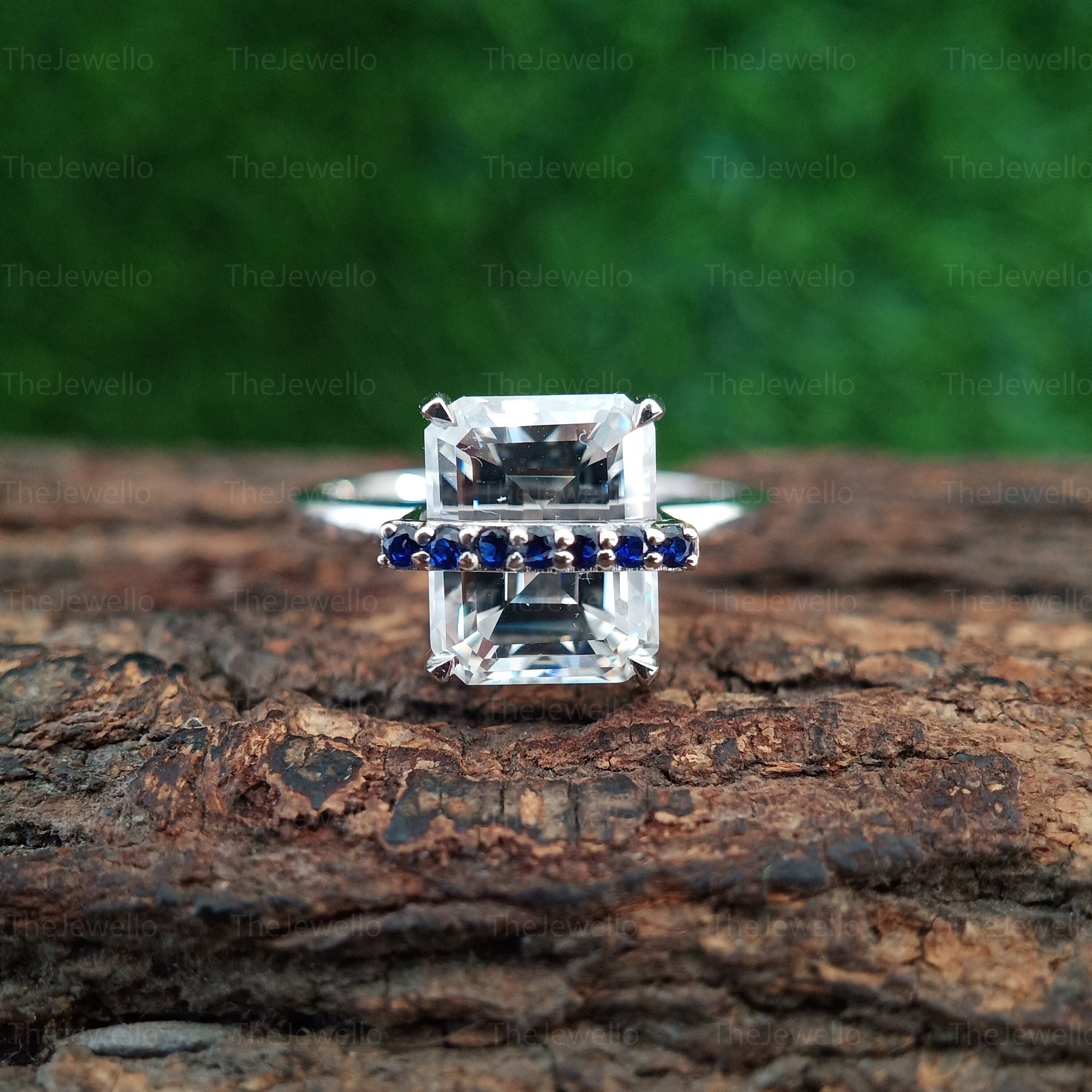 Moissanite and Sapphire Engagement Rings, Unique Style Moissanite Rings, Emerald Cut Moissanite Diamond Ring, Round Cut Blue Sapphire Ring