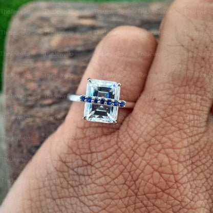 Moissanite and Sapphire Engagement Rings, Unique Style Moissanite Rings, Emerald Cut Moissanite Diamond Ring, Round Cut Blue Sapphire Ring