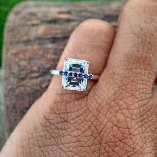 Moissanite and Sapphire Engagement Rings, Unique Style Moissanite Rings, Emerald Cut Moissanite Diamond Ring, Round Cut Blue Sapphire Ring