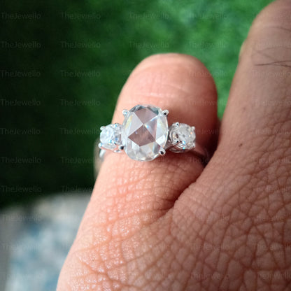 Oval Moissanite Engagement Ring, Oval Rose Cut Moissanite Ring, Vintage Three Stone Engagement Ring, Round Old European Cut Moissanite Ring