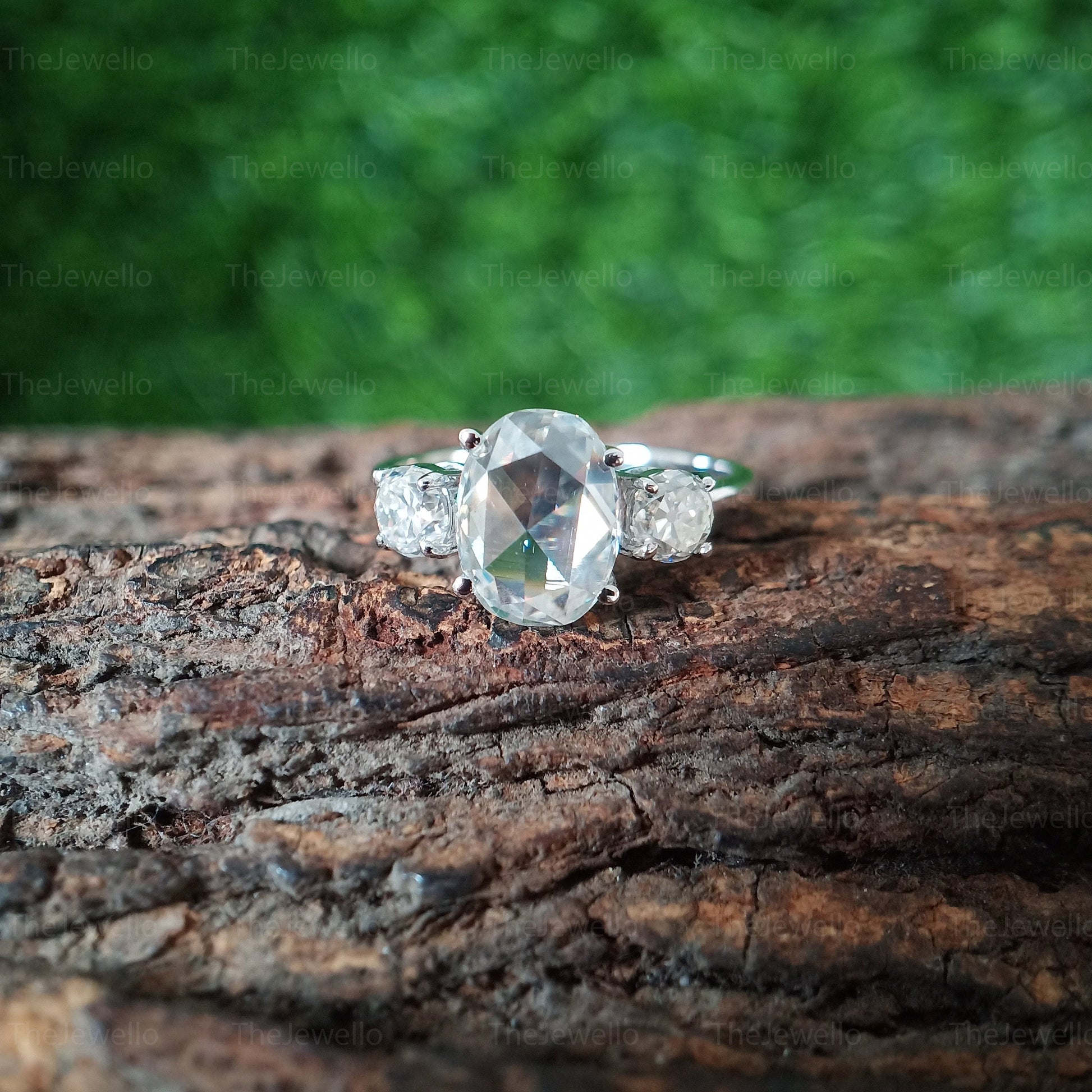 Oval Moissanite Engagement Ring, Oval Rose Cut Moissanite Ring, Vintage Three Stone Engagement Ring, Round Old European Cut Moissanite Ring