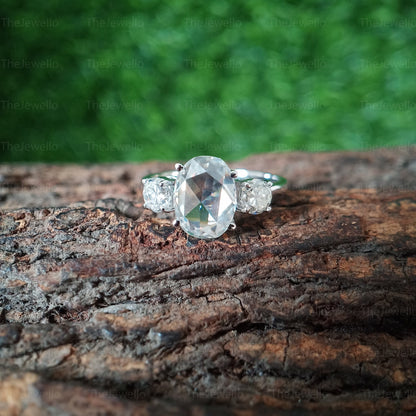 Oval Moissanite Engagement Ring, Oval Rose Cut Moissanite Ring, Vintage Three Stone Engagement Ring, Round Old European Cut Moissanite Ring