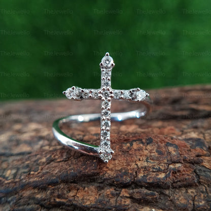 Cross Religious Moissanite Ring, Round Cut Moisssanite Diamond Christian Jewelry Ring, Gift For Mom Mother Wife Women Girl, Gold Cross Ring