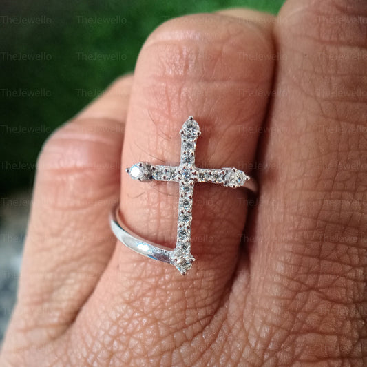 Cross Religious Moissanite Ring, Round Cut Moisssanite Diamond Christian Jewelry Ring, Gift For Mom Mother Wife Women Girl, Gold Cross Ring