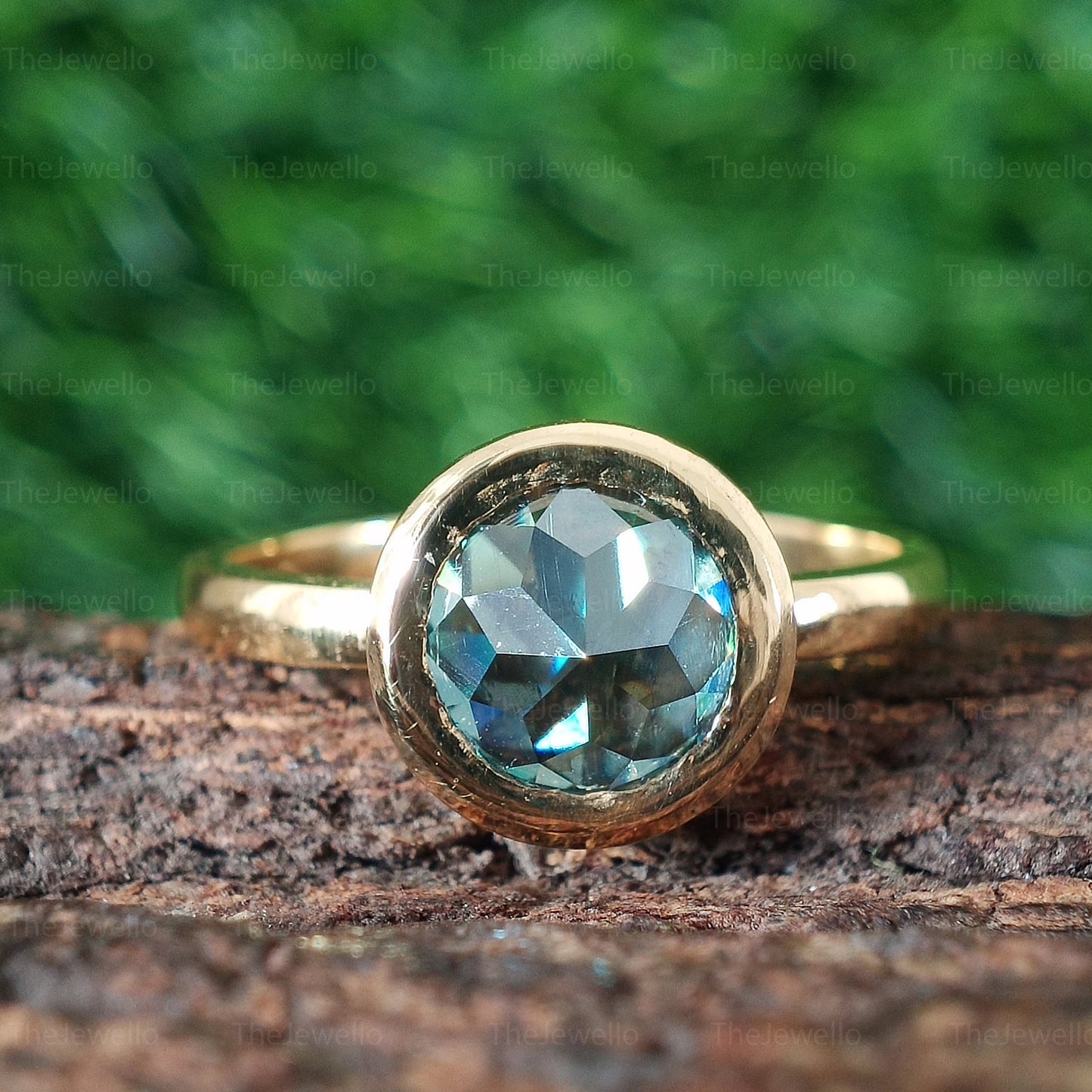 Blue Green Moissanite Ring, Round Rose Cut Moissanite Engagement Ring, Solitaire Signature Bezel Set Ring in Solid Yellow Gold