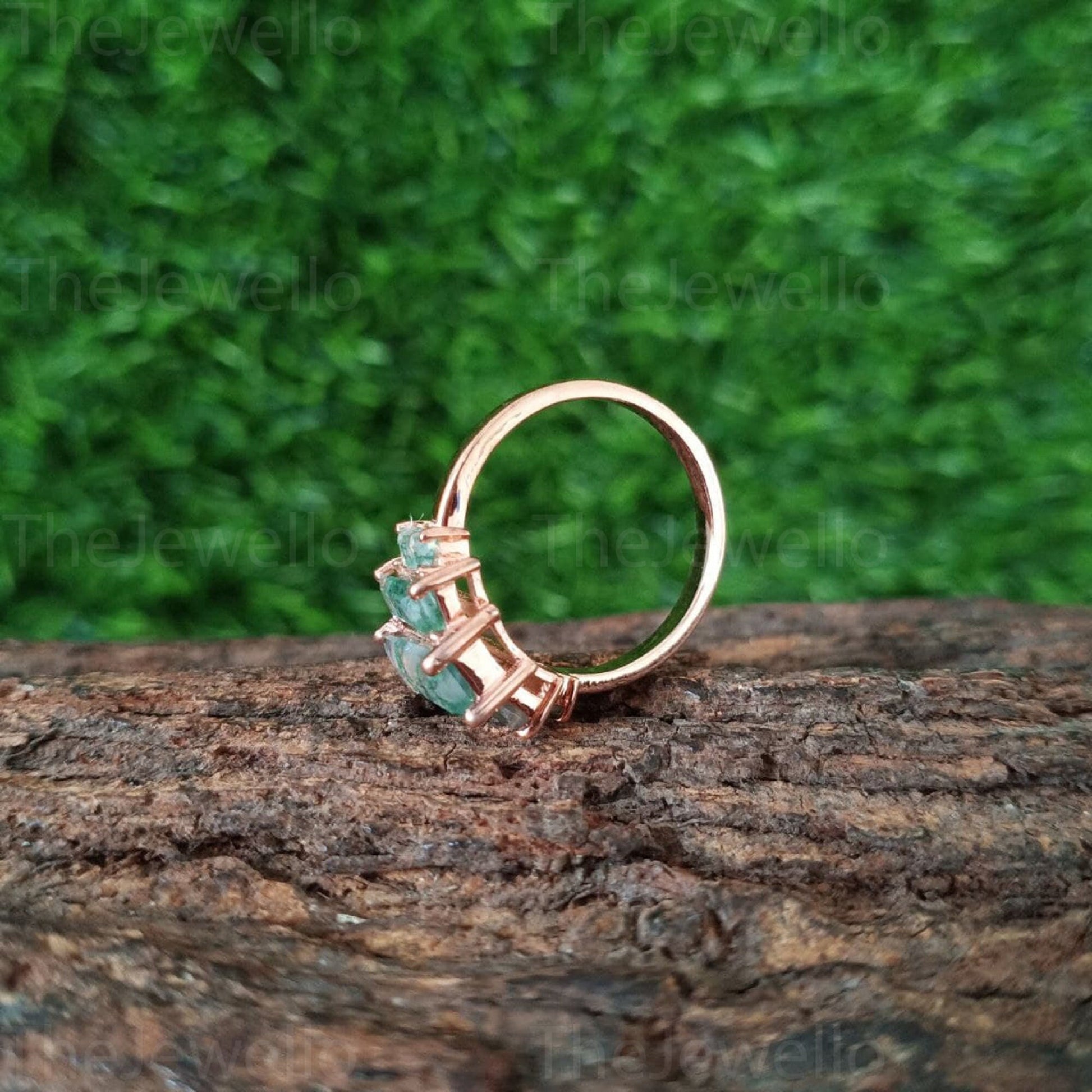 Emerald Moss agate Engagement Ring / rose Gold Vintage Engagement Ring / Unique baguette Cut mossagate Ring / Green Agate Bridal Ring