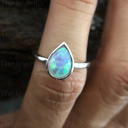 October Birthstone Ring, 2.50ct Pear Shaped Natural Opal Engagement Ring Set, Vintage Unique White Gold Wedding Ring, Birthstone Women Ring