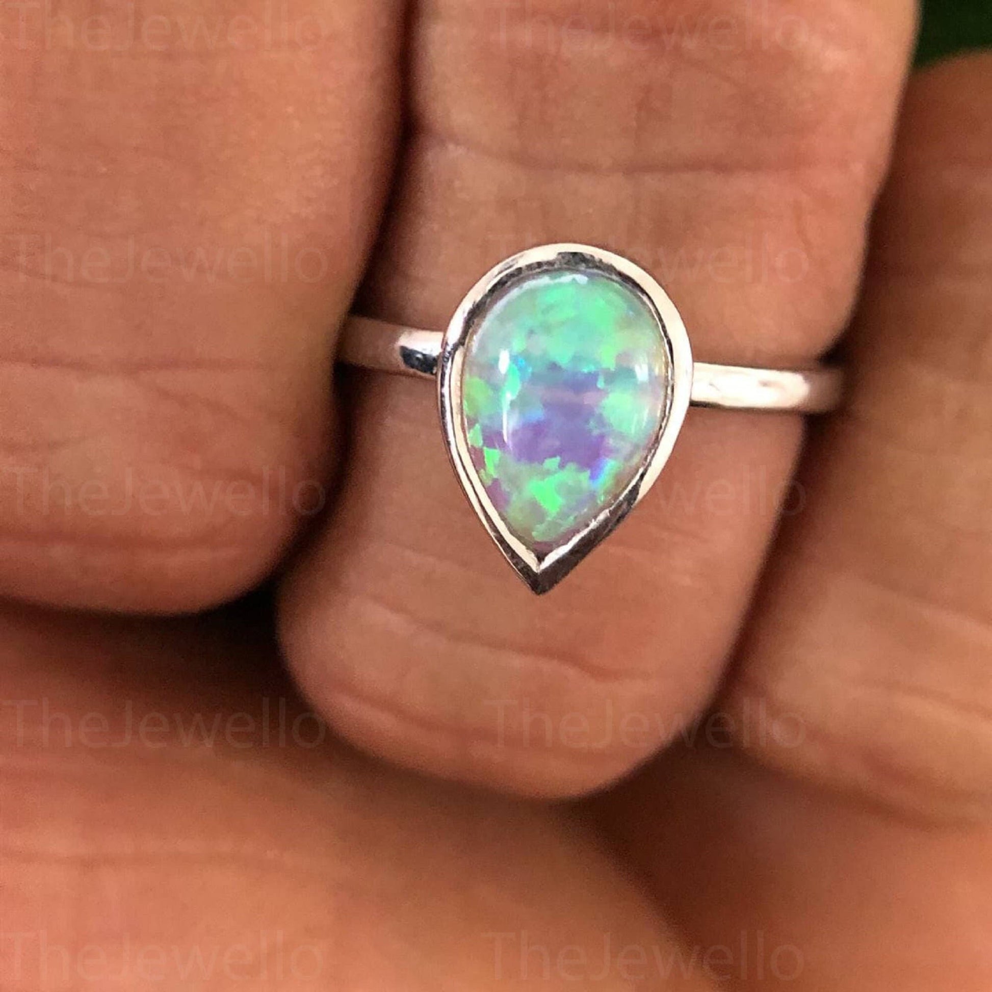 October Birthstone Ring, 2.50ct Pear Shaped Natural Opal Engagement Ring Set, Vintage Unique White Gold Wedding Ring, Birthstone Women Ring