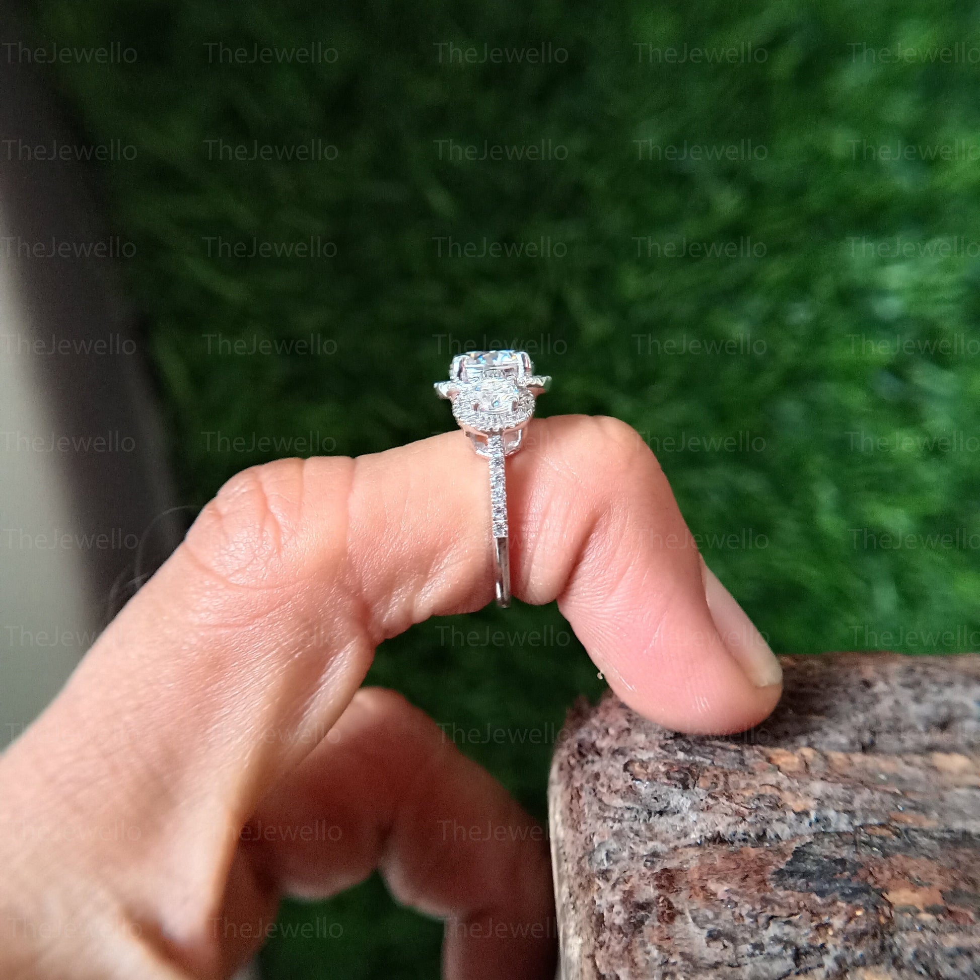 Three Stone Round Moissanite Ring Round Halo Style Engagement Ring Solid Real White Gold 3 Stone Ring Wedding Anniversary Ring