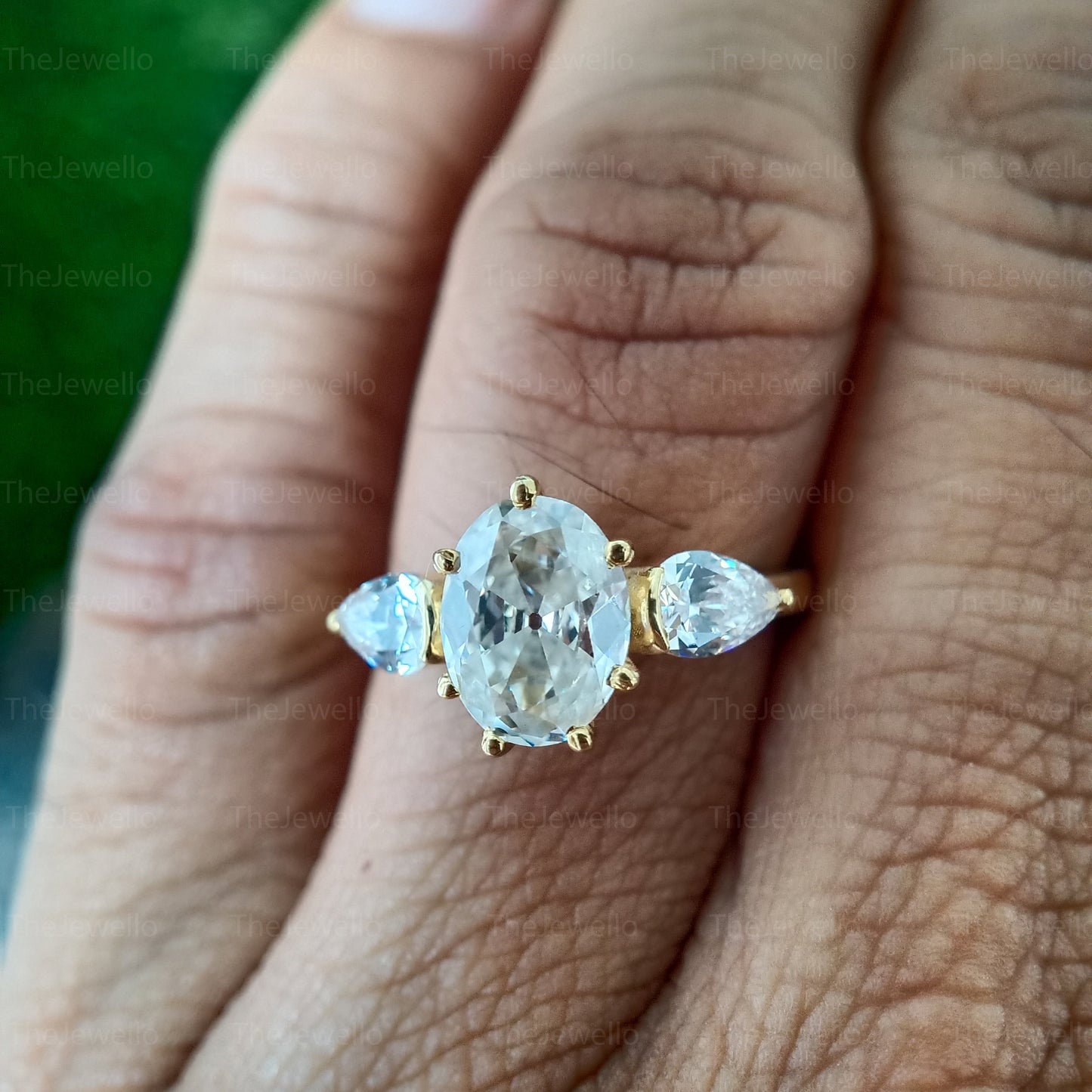 3.00CTW Oval Old European Cut Colorless Moissanite Ring Three Stone Oval OEC Ring Side Pear Yellow Gold Engagement Ring