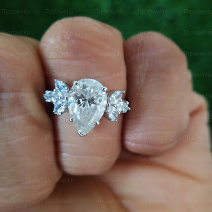 3.90ct Pear Cut Moissanite Engagement Ring 7 Stone Ring Marquise Accent Moissanite Diamond Ring Solid 14k White Gold Engagement Ring