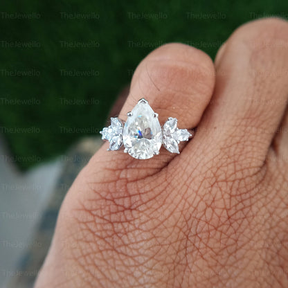 3.90ct Pear Cut Moissanite Engagement Ring 7 Stone Ring Marquise Accent Moissanite Diamond Ring Solid 14k White Gold Engagement Ring