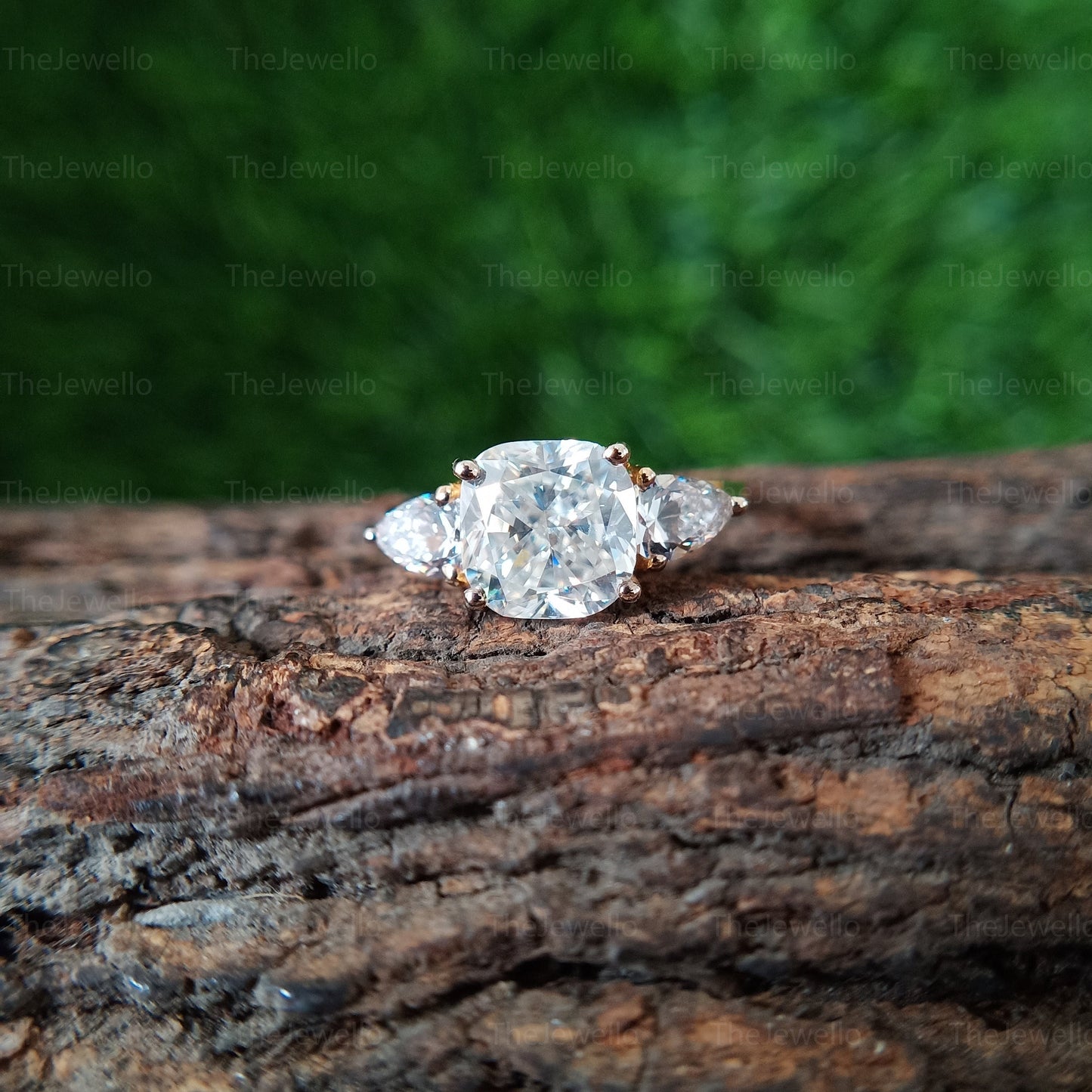 2.20Ct Cushion Moissanite Ring Three Stone Yellow Gold Engagement Ring Cushion Pear Moissanite Trilogy Ring