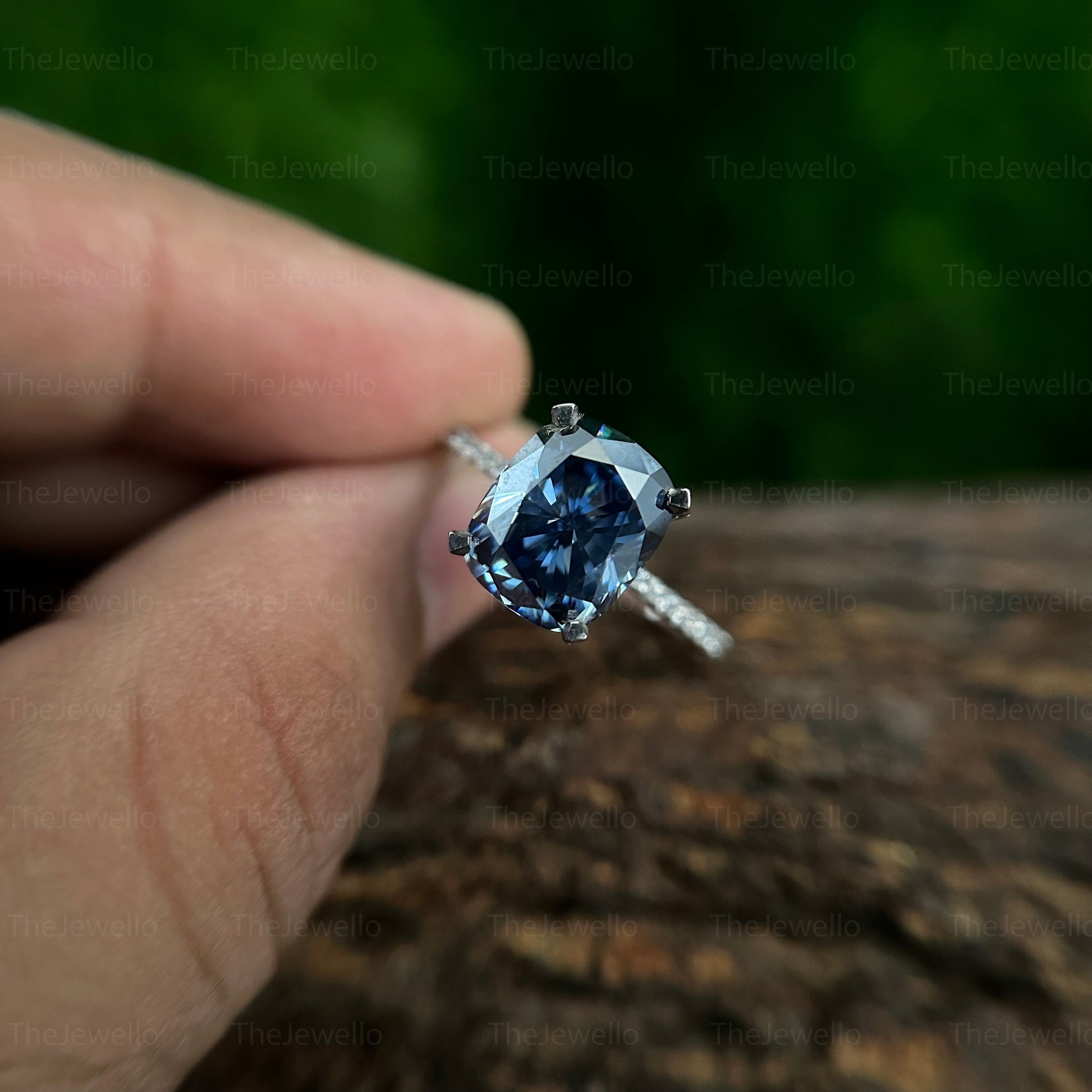 Elongated Cushion Moissanite Ring, Royal Blue Cushion Cut Moissanite Engagement Ring, 950 Platinum Womens Ring