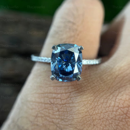 Elongated Cushion Moissanite Ring, Royal Blue Cushion Cut Moissanite Engagement Ring, 950 Platinum Womens Ring