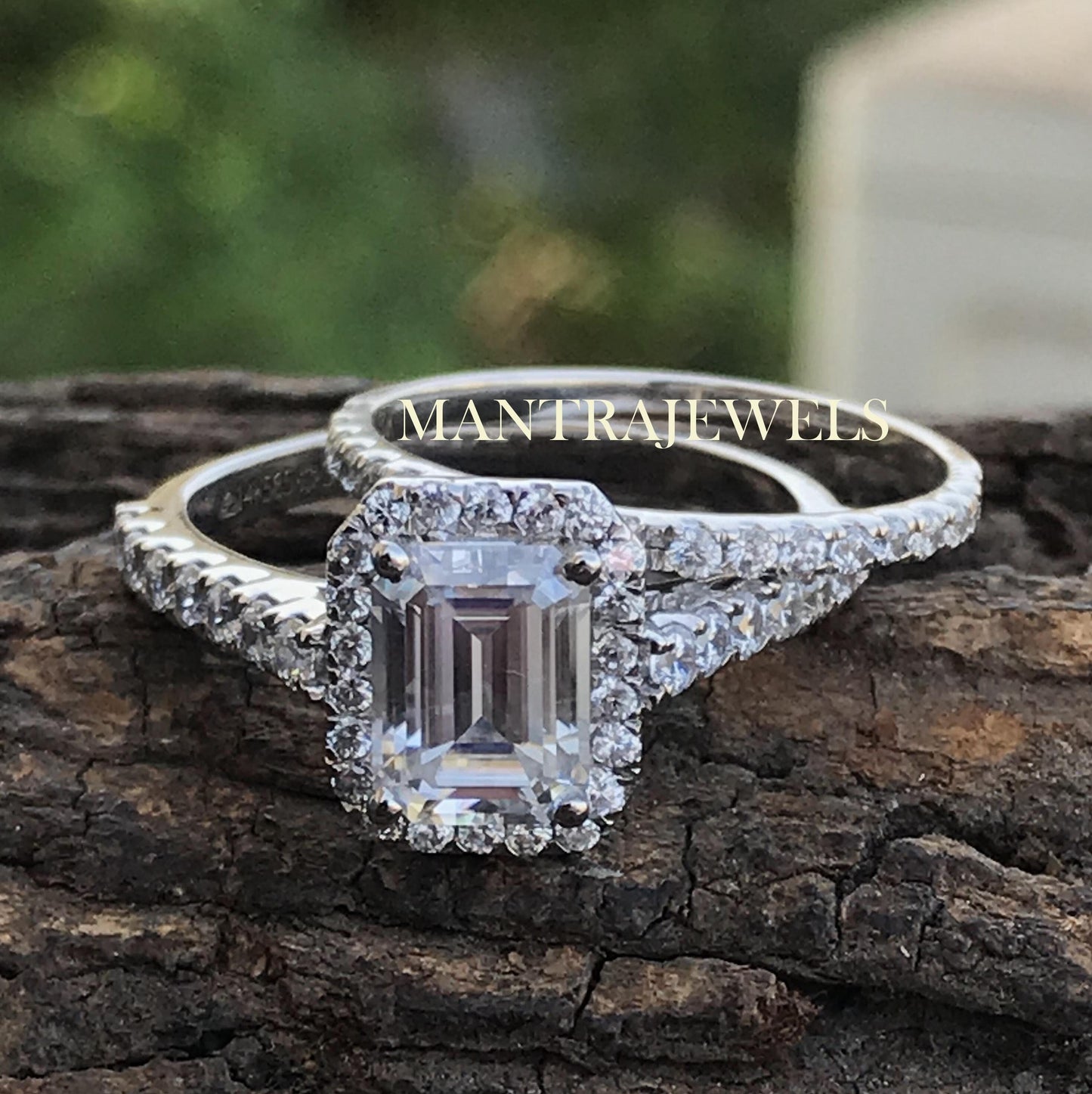 3.25 TCW Emerald Cut Colorless Moissanite Engagement Ring, Round Cut Half Eternity Band,Halo Engagement Ring Set, Wedding Bridal Set for Her