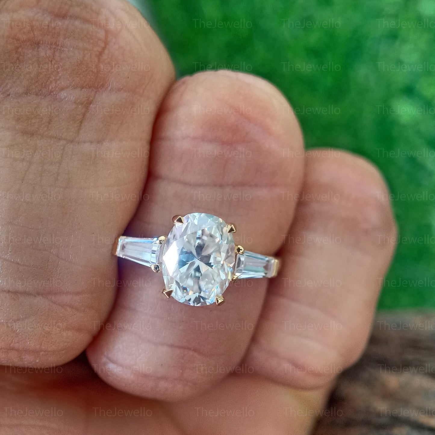 2.40 CT Oval Moissanite Engagement Ring, Three Stone Engagement Ring, Side Taper Baguette Cut Moissanite Ring, 18k Yellow Gold Ring