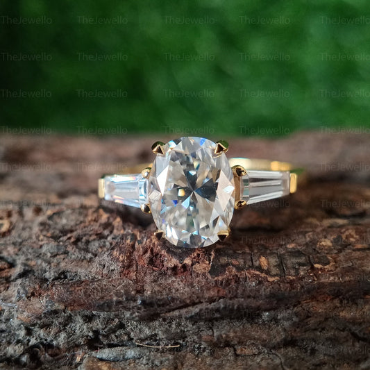 2.40 CT Oval Moissanite Engagement Ring, Three Stone Engagement Ring, Side Taper Baguette Cut Moissanite Ring, 18k Yellow Gold Ring