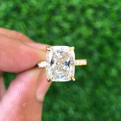 18k Yellow Gold Cushion Moissanite Ring, Elongated Cushion Cut Engagement Ring, Solitaire Hidden Halo Long Cushion Cut Moissanite Ring