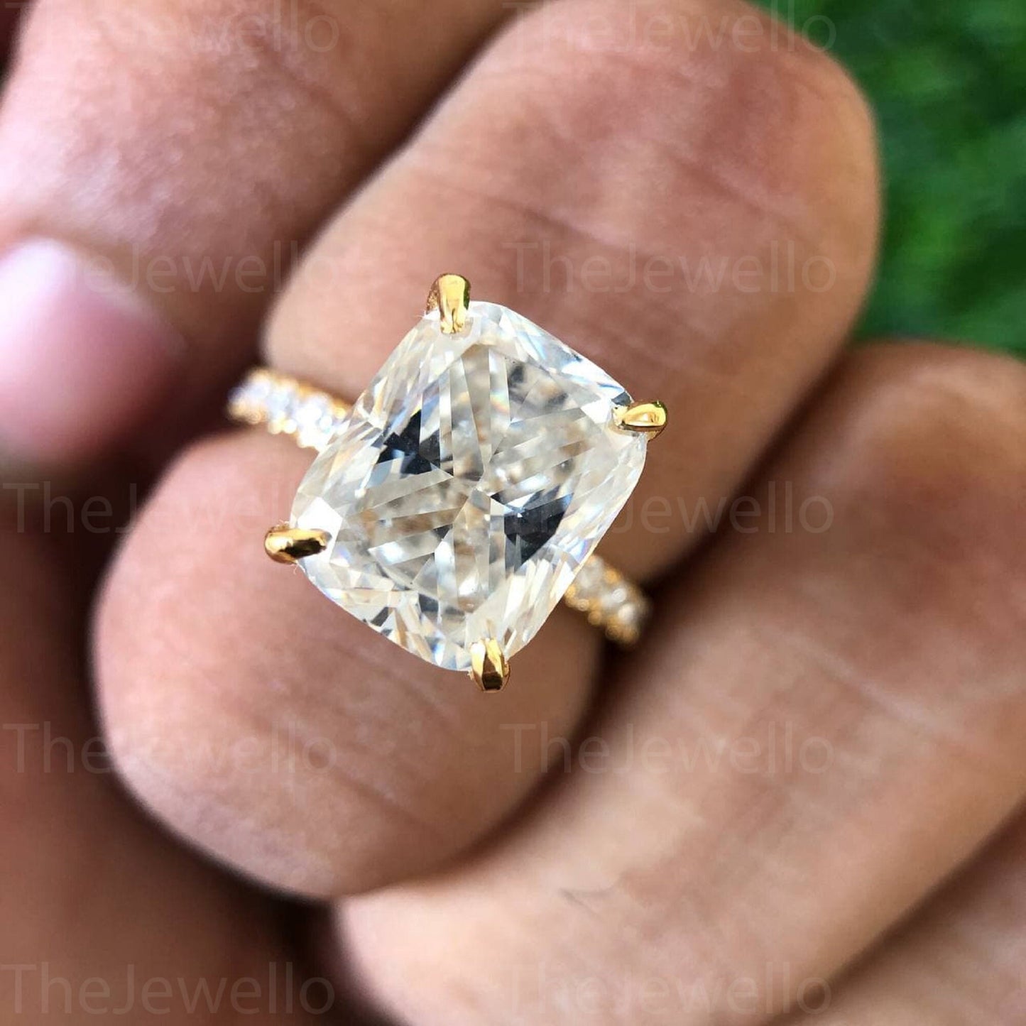 18k Yellow Gold Cushion Moissanite Ring, Elongated Cushion Cut Engagement Ring, Solitaire Hidden Halo Long Cushion Cut Moissanite Ring