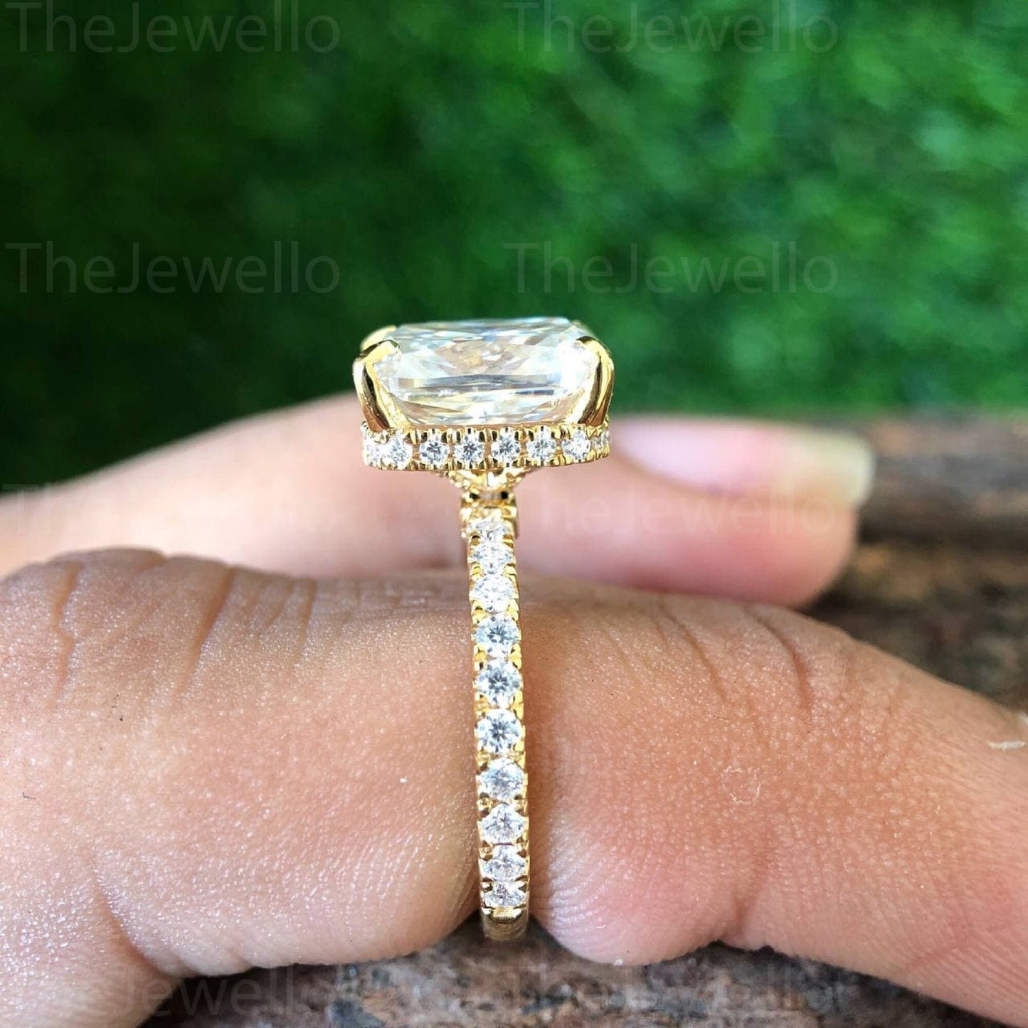 18k Yellow Gold Cushion Moissanite Ring, Elongated Cushion Cut Engagement Ring, Solitaire Hidden Halo Long Cushion Cut Moissanite Ring