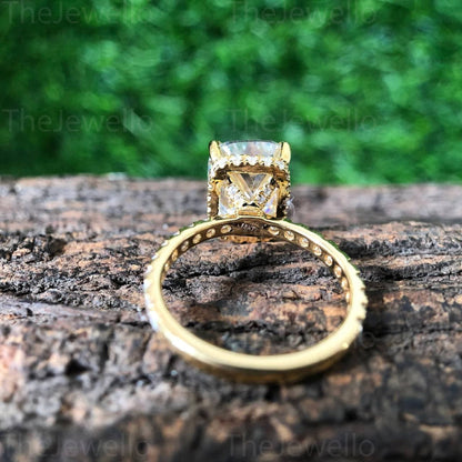 18k Yellow Gold Cushion Moissanite Ring, Elongated Cushion Cut Engagement Ring, Solitaire Hidden Halo Long Cushion Cut Moissanite Ring