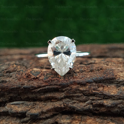 3.00ct Pear Moissanite Engagement Ring, Knife Edge Pear Cut Solitaire Moissanite Engagement Ring, 14K / 18K White Gold Solitaire Ring