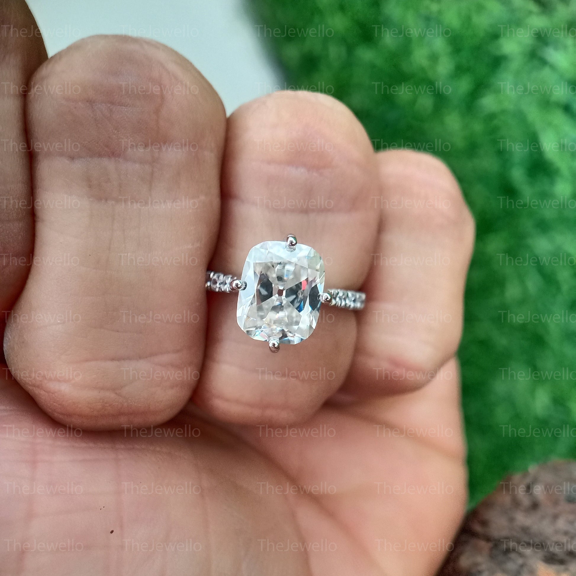 Old European Cushion Cut Moissanite Ring, 3.51 CT Elongated Cushion Moissanite Engagement Ring, Solid Real White Gold Ring