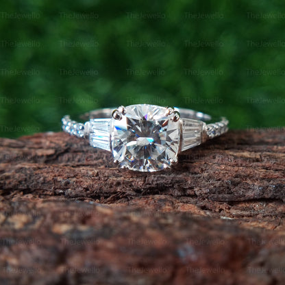 Antique Cushion Cut Moissanite Engagement Ring, Elongated Cushion Cut Ring, Side Tapper Moissanite Engagement Ring