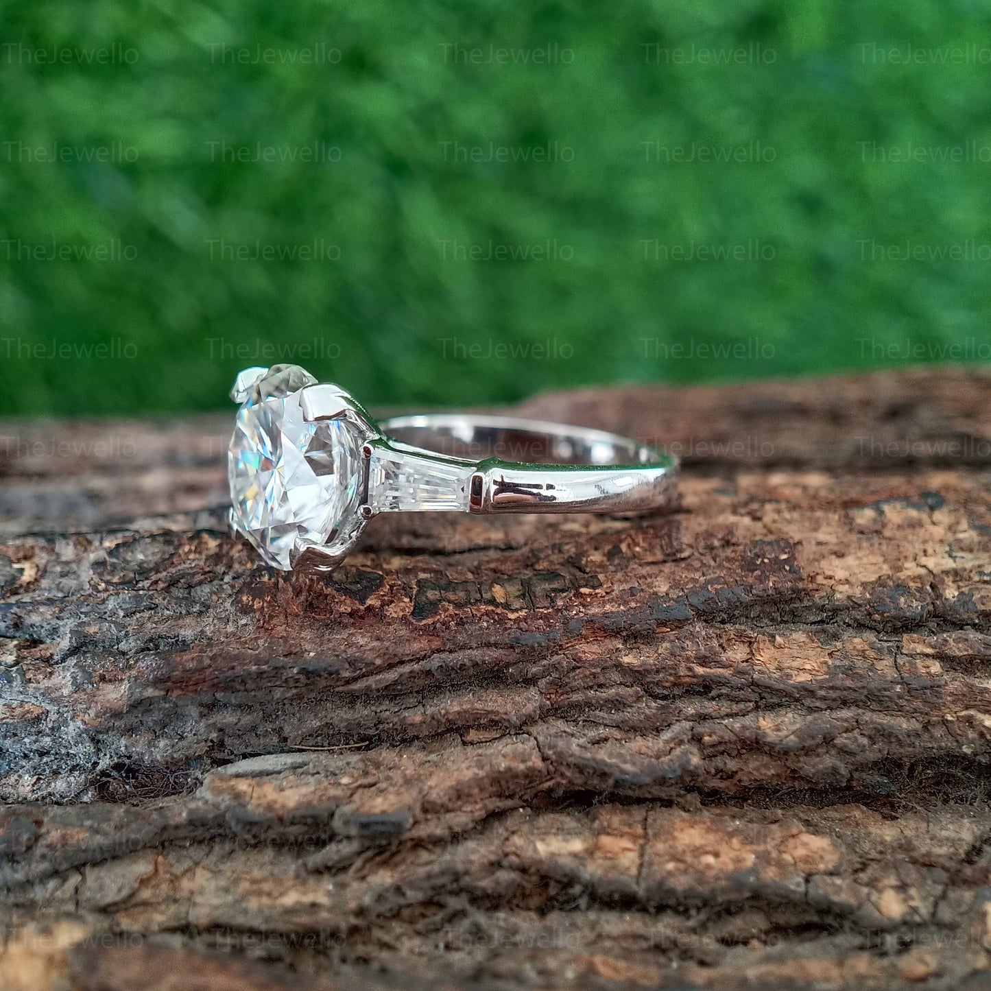 3.50 Carat Round Cut Moissanite Ring, Side Tapper Baguette Cut Ring, Three 3 Stone Moissanite Engagement Ring in 950 Platinum