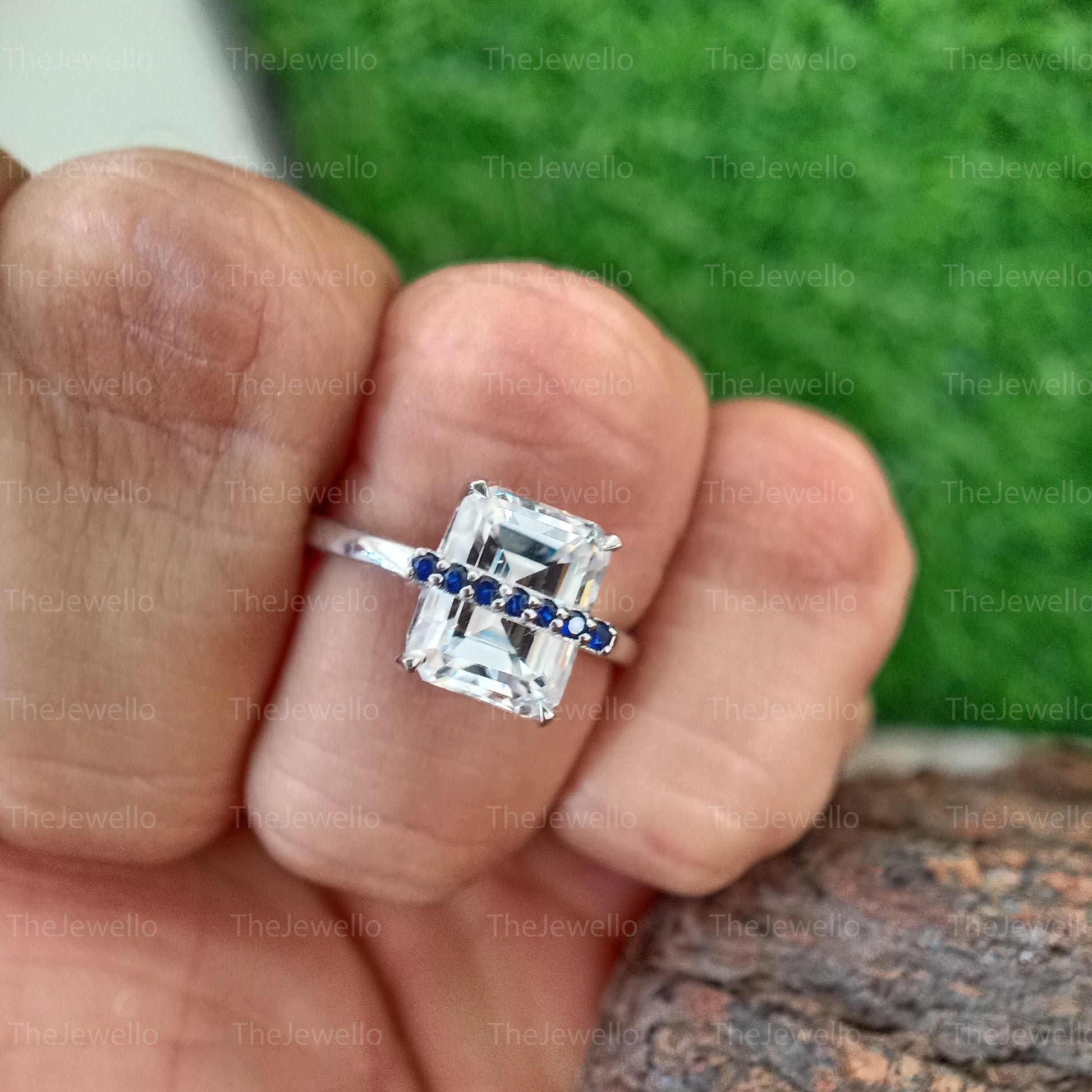 Moissanite and Sapphire Engagement Rings, Unique Style Moissanite Rings, Emerald Cut Moissanite Diamond Ring, Round Cut Blue Sapphire Ring