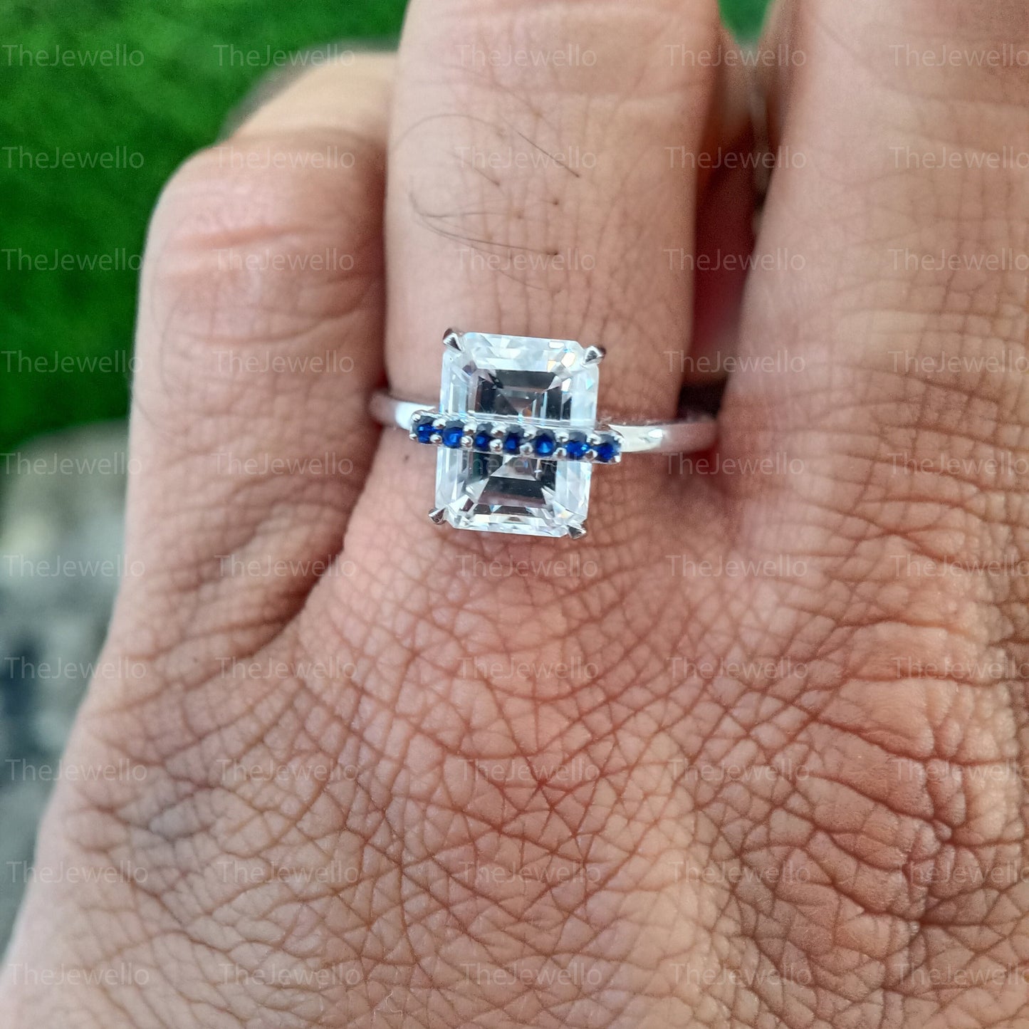 Moissanite and Sapphire Engagement Rings, Unique Style Moissanite Rings, Emerald Cut Moissanite Diamond Ring, Round Cut Blue Sapphire Ring