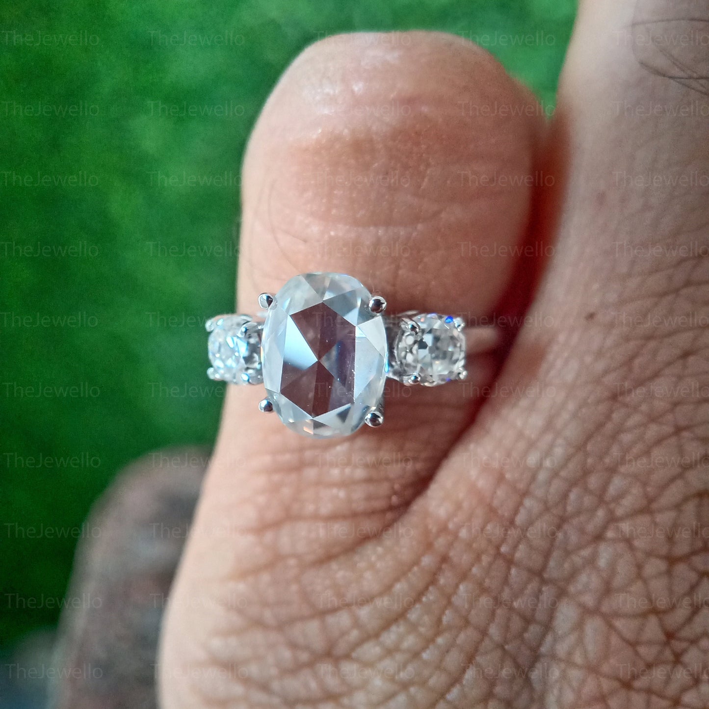 Oval Moissanite Engagement Ring, Oval Rose Cut Moissanite Ring, Vintage Three Stone Engagement Ring, Round Old European Cut Moissanite Ring