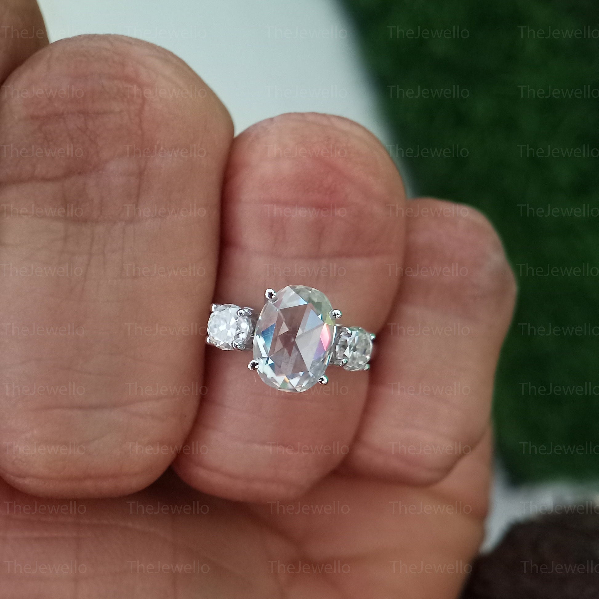 Oval Moissanite Engagement Ring, Oval Rose Cut Moissanite Ring, Vintage Three Stone Engagement Ring, Round Old European Cut Moissanite Ring