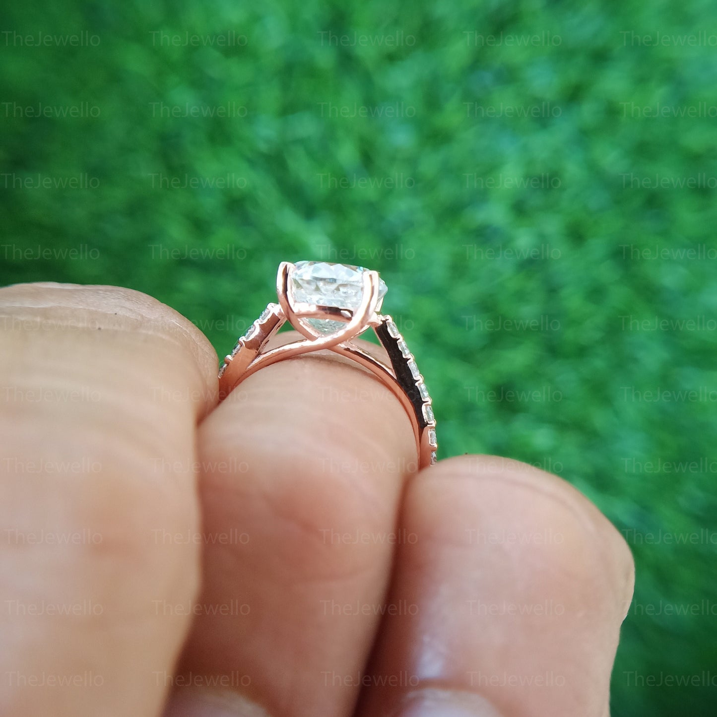 3.20 TW Portuguese Cut Colorless Moissanite Ring, Round Solitaire Accent Engagement Ring, Moissanite Solid 14K Rose Gold Ring