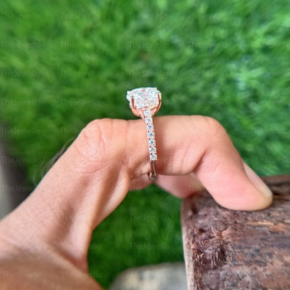 3.20 TW Portuguese Cut Colorless Moissanite Ring, Round Solitaire Accent Engagement Ring, Moissanite Solid 14K Rose Gold Ring